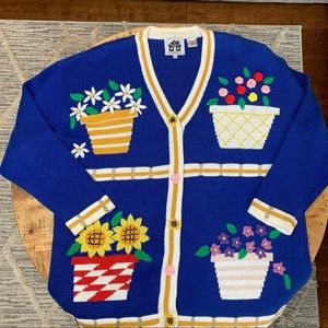 Storybook Knits Pots of Flowers Vintage Blue Sweater with Gold Thread Accents